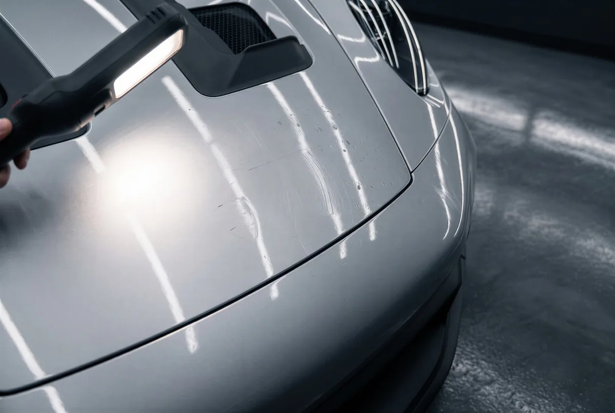 Bonnet with heavy swirl marks under an inspection light