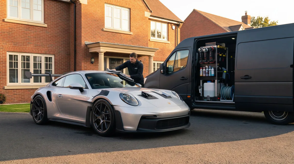 Detailing van on a driveway beside the finished car