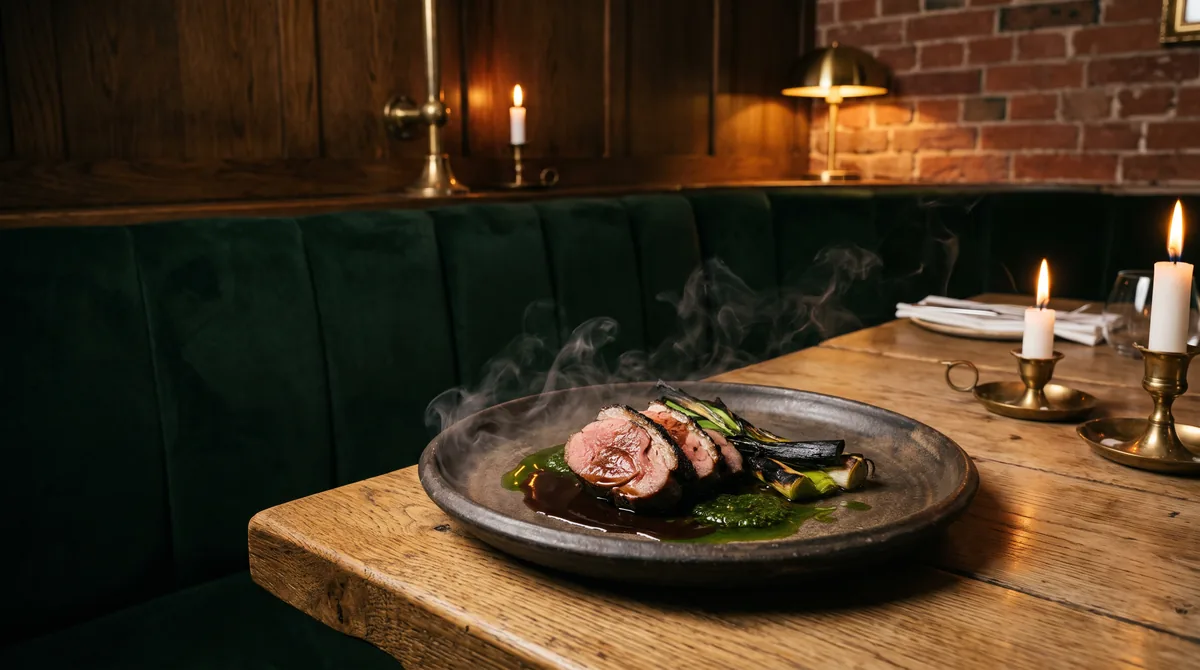 Flame-grilled lamb rump with charred leek