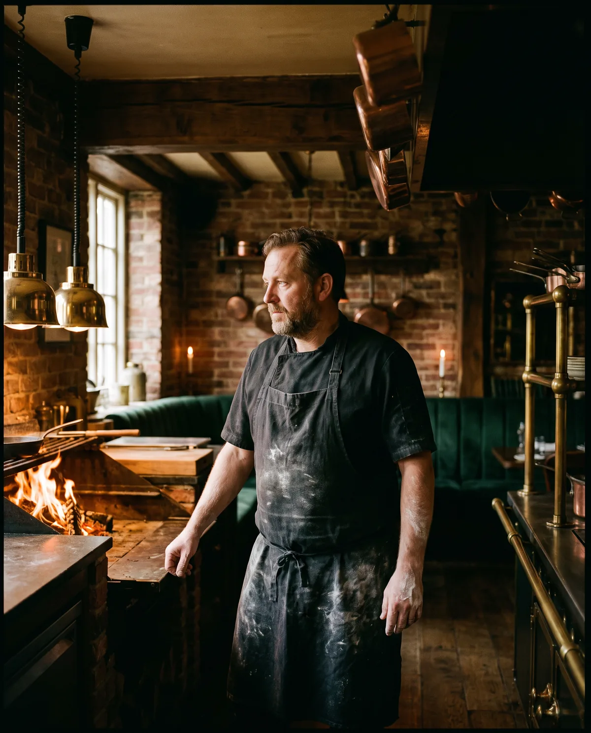 Head chef beside the wood-fired hearth