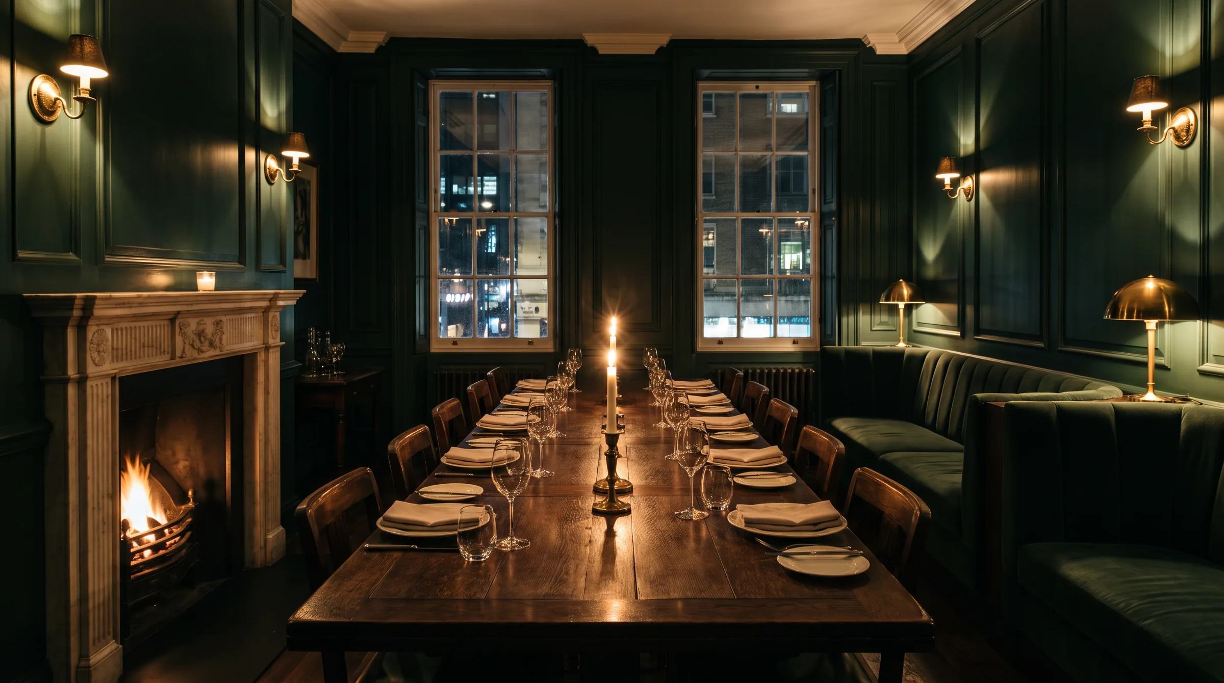 The upstairs private dining room with a lit fire