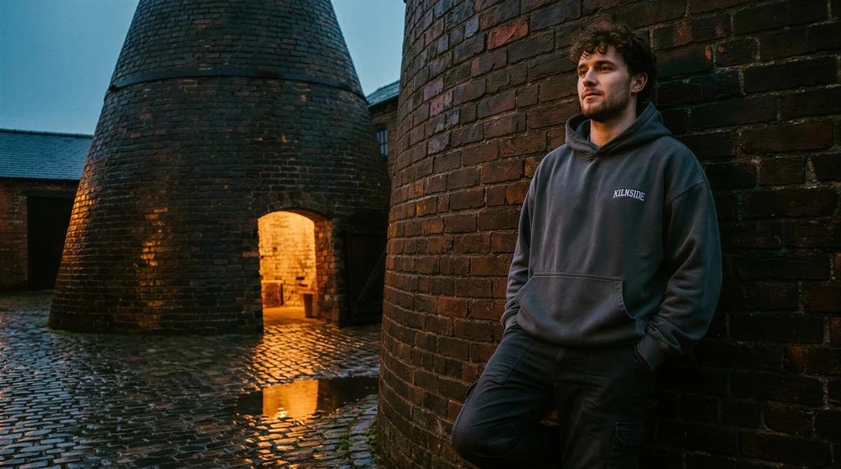 Model in charcoal hoodie leaning on a brick kiln at blue hour