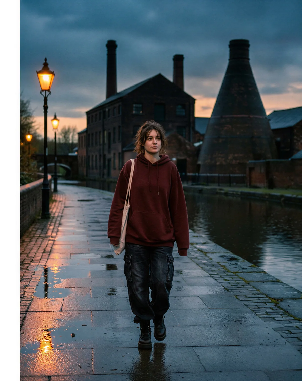 Model in oxblood hoodie walking a canal towpath past a glass cone at dusk