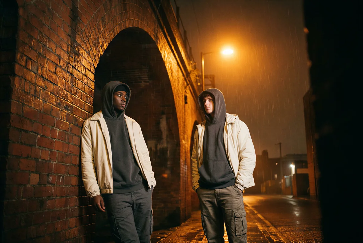 Two friends in charcoal and cream under a brick railway viaduct at night